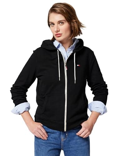 Image of Tommy Hilfiger Women's French Terry Zip Hoodie - Solid Hooded Sweatshirt, Black, L UK