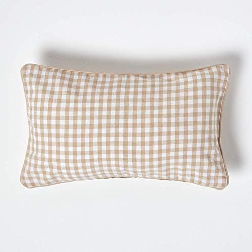 Image of HOMESCAPES - 100% Cotton - Gingham Check - Cushion Cover - 30 x 50 cm Rectangular - 12 x 20 Inches - Beige White - 100% Cotton Sofa Pillow Cushion Cover - Washable