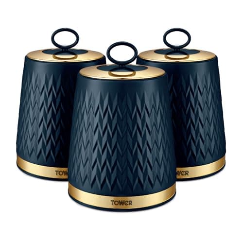 Image of Tower T826091MNB Empire Kitchen Storage Canisters, Tea, Coffee, Sugar, Set of 3, Midnight Blue