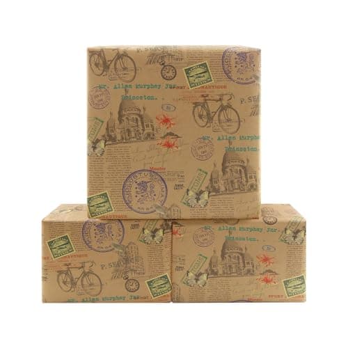 Image of Classic Vintage Romantic Timeless Bicycle & Architecture Wrapping Paper (4 Folded Flat, 50x70cm Per Sheet) Kraft Traveller Gift Wrap for Birthday, Wedding, Valentine Day