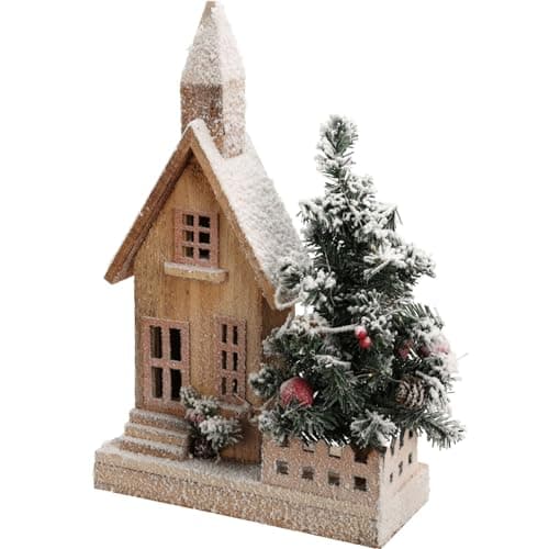 Image of Carousel Home LED Wooden Christmas House with Tree | Snow-Covered Light Up Christmas House Ornament | Christmas Village Light Up House with Timer - 44cm