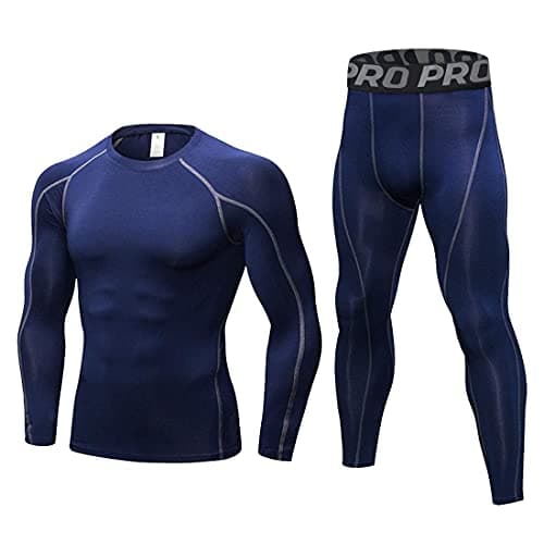 Image of LANBAOSI Men's Gym Running Base Layer Top and Leggings Set Long Sleeve Compression Shirt Tights Thermal Underwear Suit, Navy Blue, M