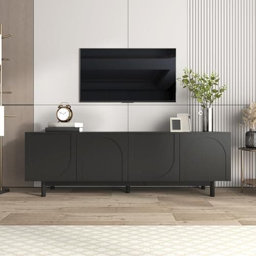 Image of Merax Modern TV Unit with 4 Curved Wave-Shaped Doors, Stabilizing Legs, Large Storage TV Stand Cabinet with Minimalist Design, Entertainment Center Media Console, Black, 175 x 38 x 56 cm