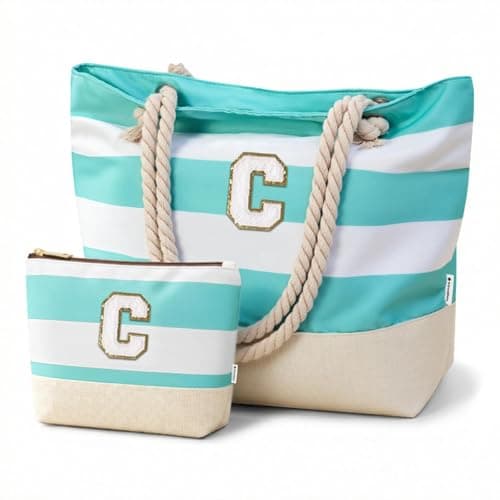 Image of Vavabox Initial Beach Bag with Zip and Pockets, Personalized Gifts for Women, Water-resistant Foldable Large Beach Tote Bag Set for Travel Swimming Pool