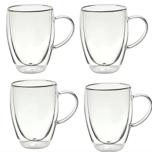 Image of Straame Set of Coffee Glasses, Temperature Resistant Coffee Cups, Stylish Tea and Coffee Pack of Clear Coffee Mugs with Square Handle (350 ml Double Walled 4PK)