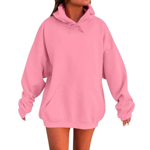 Image of Pink Hoodie Womens Hoodies Oversized Ladies Casual Pullover Tops Long Sleeve Solid Color Hoodie Autumn Winter Sweatshirts with Pockets Ladies Jumpers Size 16