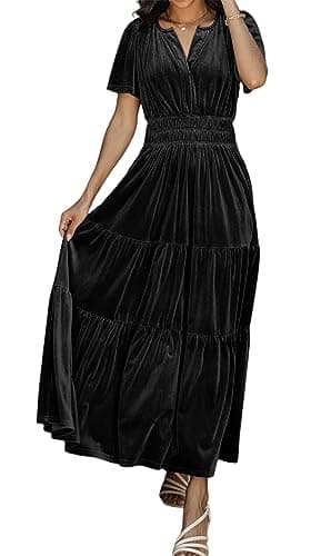 Image of R.Vivimos Autumn Winter Women's Velvet Maxi Dress Short Sleeve V Neck Tiered Ruffle A Line Vintage Dress(Small,Black)