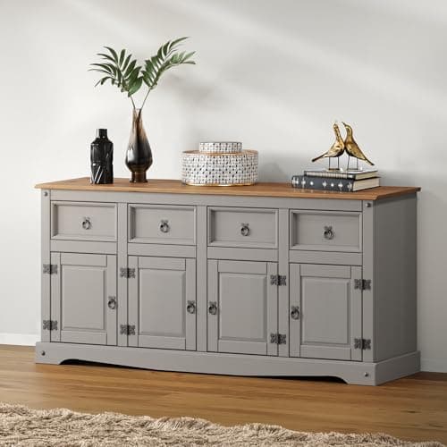 Image of Corona Sideboard 4 Door 4 Drawer Grey Painted Wax Solid Wood Pine Wooden Large Long Dresser Display Cabinet Unit Hallway Living Room Kitchen Mexican Style 76cm High 164cm Wide 40cm Deep