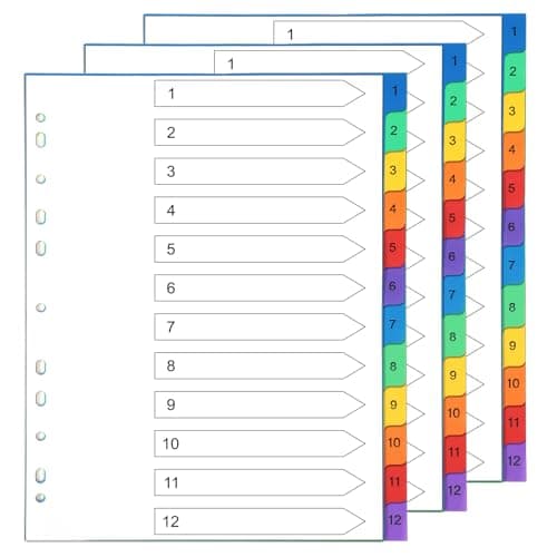 Image of Thboxes File Dividers A4, 3 Pack 1-12 Part Folder Dividers Coloured Plastic A4 Dividers for Lever Arch Files Ring Binders Office School Index Dividers