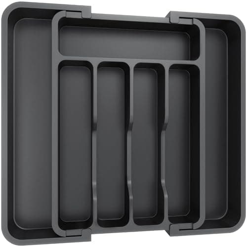 Image of Lifewit Extendable Cutlery Drawer Organiser, Adjustable Cutlery Tray, Plastic Adjustable Kitchen Storage Dividers for Utensil Spoons Forks Knives, 7 Compartments, 23-37 x 31cm, Black