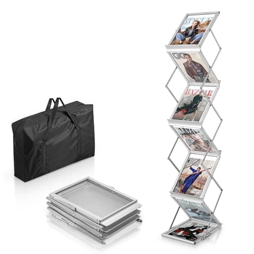 Image of SUNDOY Foldable Aluminum Brochure Stand with 6 Pockets – Portable Magazine Rack with Carrying Bag for Trade Shows, Exhibitions, Office & Retail Display