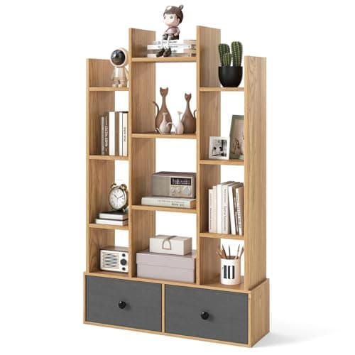 Image of COSTWAY Tree Bookshelf, 7/12-Tier Wooden Bookcase Storage Shelving Unit with Folding Drawer, Freestanding Magazine Book Display Rack for Home Office Living Room (Natural with 2 Drawers, 12-Tier)