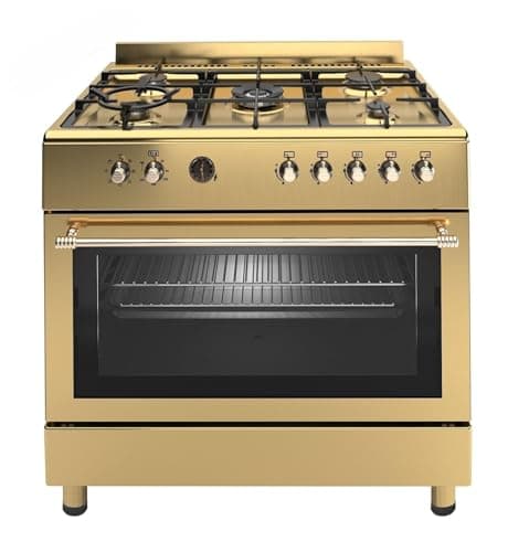 Image of Ferre F9S50E7-GI-RETRO 90cm Dual Fuel Range Cooker With Double Turbo Fan & Wok Burner - Gold