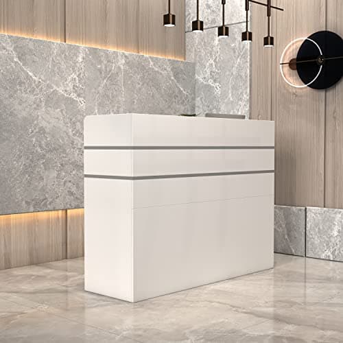 Image of DEZAGCE White Reception Desk, Modern Checkout Front Desk Reception Counter with Lockable Drawer, Open Shelf and 1-Cupboard, Reception Station for Salon/Store/hotel/office, 120L X 48D X 110H cm