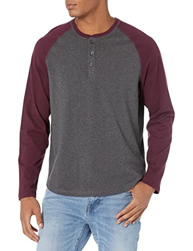 Image of Amazon Essentials Men's Long-Sleeve Henley Shirt, Grey (Charcoal Heather/Burgundy), M