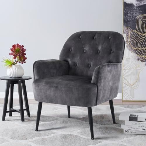 Image of IWMH Armchair for Living Room, Velvet Fabric Accent Chair for Bedroom, Occasional Tub Chairs Reading Chair Comfy Big Mid Century, Metal Legs (Grey)