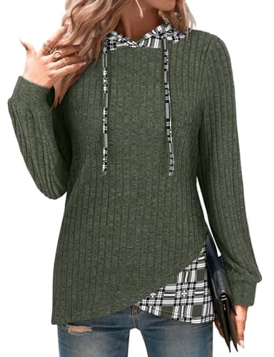 Image of Gemulate Woman Hoodies Long Sleeve Tops Ladies Lightweight Knit Jumpers Sweaters Casual Loose Fit Striped Sweatshirts T Shirt Army Green S