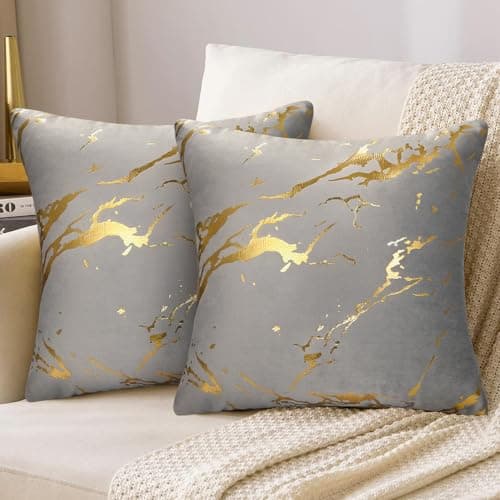 Image of DakTou Grey Gold Cushion Covers 45 x 45 Velvet Modern Luxury Marble Pattern Throw Pillow Covers Decorative Pillowcases Set of 2 18 x 18 Inch for Couch Sofa Bedroom Living Room