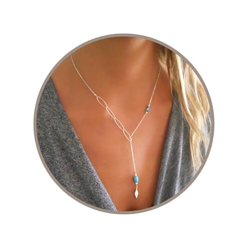 Image of Annika Bella Dainty Turquoise Lariat Necklace, 925 Sterling Silver Long Chain Necklace, Oval Links Chain, Women's Jewellery, Gift for Her (Silver)