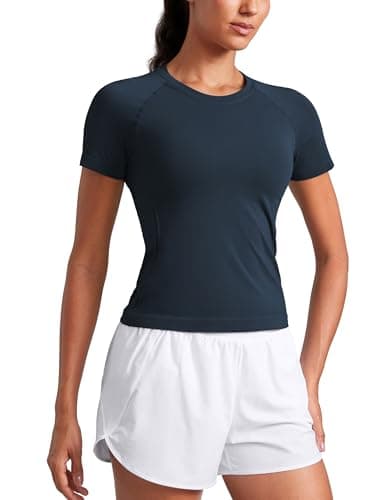 Image of CRZ YOGA Women's Seamless Short Sleeve Shirts Breathable Running Yoga Plain Top Stretchy Sport Gym Fitness Basic T-Shirt Twilight Blue 12