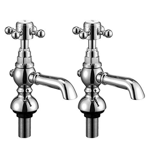 Image of Wasserrhythm Basin Taps Pair Waterfall Victoria Traditional Twin Bathroom Sink Taps in Pair Two Basin Pillar Tap Classic Cross Lever Chrome Brass
