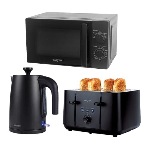 Image of Salter Kuro 3-Piece Kitchen Set – 1.7L Rapid Boil Kettle, 4-Slice Toaster with 7 Browning Levels & Defrost/Reheat/Cancel Functions, 20L 800W Microwave with 5 Power Levels & Defrost, Matte Black Finish