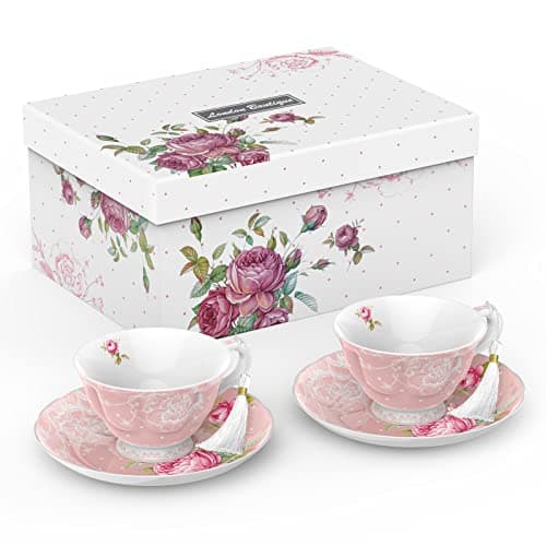 Image of London Boutique Tea Cup and Saucer Set 2 Afternoon Tea Set New Bone China Vintage Flora Gift Box 200m (Pink)