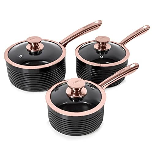Image of Tower T800001RB Linear Non Stick Induction Saucepans Sets With Lids, Easy Clean, Black and Rose Gold, 3 Piece Set, 16/18/20 cm