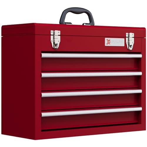 Image of DURHAND 4 Drawer Tool Chest, Lockable Metal Tool Box with Ball Bearing Runners, Portable Toolbox, 510mm x 220mm x 395mm, Red
