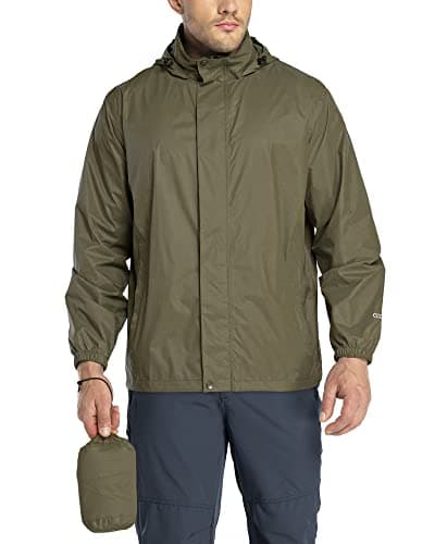 Image of 33,000ft Men's Lightweight Waterproof Outdoor Jackets Windproof Rain Shell Jacket Packaway Hooded Raincoat for Golf Fishing Cycling Dark Olive Green L