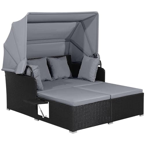 Image of COSTWAY Garden Rattan Daybed, Patio 2 Seater Wicker Sun Bed Lounger with Retractable Canopy, Folding Side Tables and Cushions, Outdoor Double Conversation Furniture for Yard Lawn Poolside (Grey)