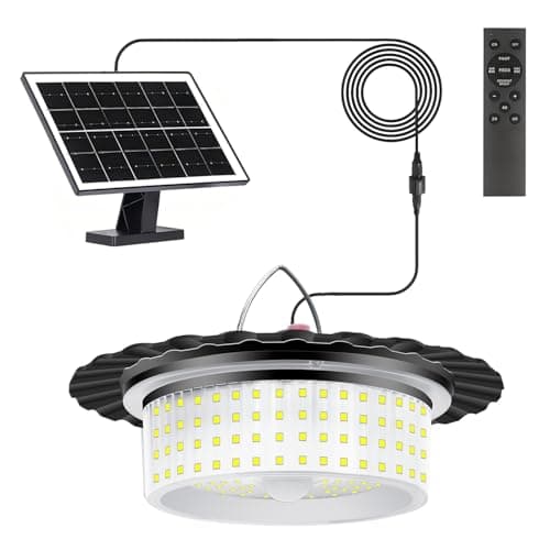 Image of LEKIA Solar Shed Light Outdoor Indoor, 244 LED 360°Lighting Solar Garage Lights with Remote Control, Waterproof Pendant Lights with Motion Sensor, Timer, 5 Modes for Home Shed Garden Gazebo