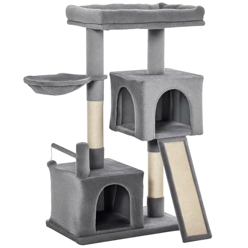 Image of PawHut 111cm Cat Tree Tower for Indoor Cats, Cat Activity Centre with Scratching Posts and Pad, Hammock Condo Bed, Hanging Ball Toy, Grey