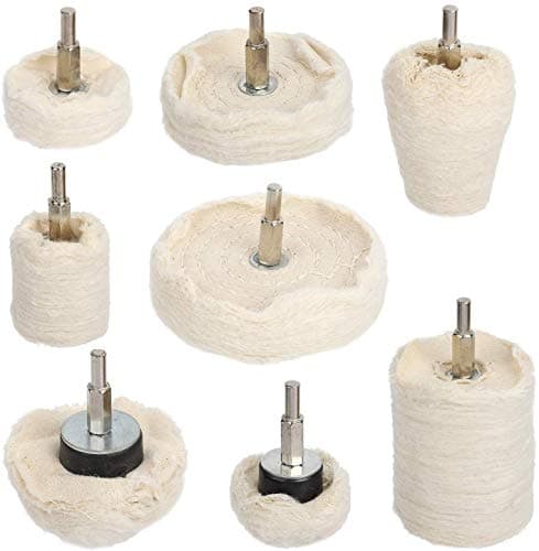 Image of Hyber&Cara Polishing Wheel, 8 Pcs Cotton Buffing Wheel Pad Mop for Metal Aluminum/Steel/Chrome/Alloy Wood Plastic Glass Ceramic, Cone/Column/Dome/Disc Drill Buffer Attachment with 1/4" Shank
