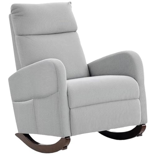Image of HOMCOM Rocking Chair, Corduroy Fabric Upholstered Accent Armchair with Side Pockets & Solid Wood Legs, Modern High Back Leisure Rocker Lounge Chair for Nursery, Living Room, Bedroom, Grey