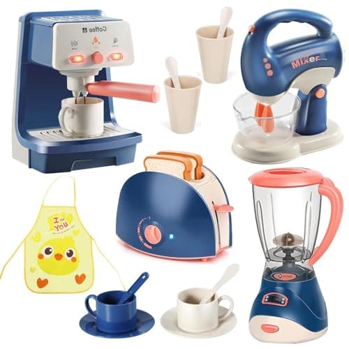 Image of Pretend Play Kitchen Appliances Toy Set with Coffee Maker Machine,Blender, Mixer and Toaster with Realistic Light and Sounds for Kids Ages 3+