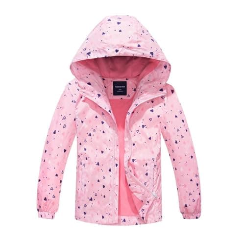 Image of BuyiRen Girls Waterproof Jacket Rain Jackets Hooded Raincoat Lightweight Cotton Lined Rain Coats for Kids, Pink Hearts, 8-9 Years