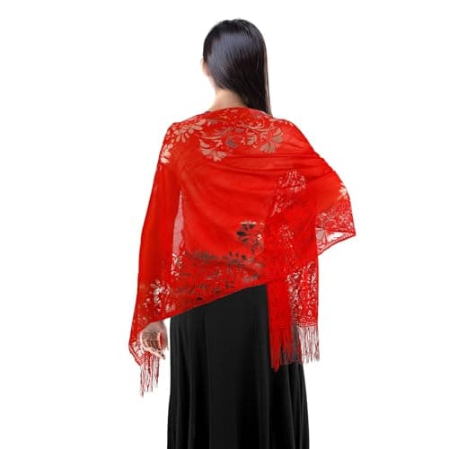 Image of loacuony Women's Scarves & Wraps,Shawls And Wraps | Lace Mesh With Tassels | Lightweight Scarves And Wedding Shawls For Ladies | Printed And Plain Styles（Red）