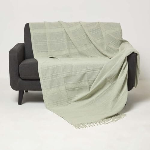 Image of HOMESCAPES Handwoven Sage Green Throw 150 x 200 cm Textured 100% Cotton Throw Blanket with Tassels Lightweight All Season “Kashi” Bed or Sofa Throw