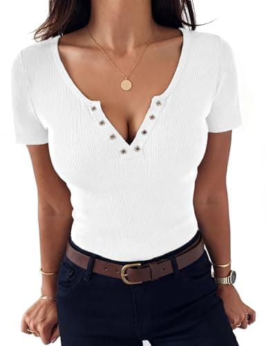 Image of Aottori Womens Short Sleeve V Neck Tops Ribbed Knit Plain Button T Shirts Summer Basics Fitted Tee Fashion Stretch Pullover UK Tunic Casual White L
