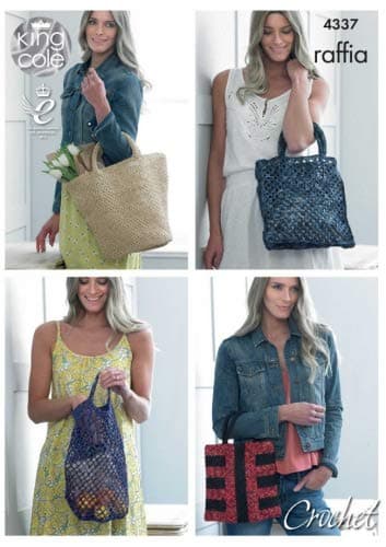 Image of King Cole Ladies Raffia Crochet Pattern Womens Crocheted Tote Square Shopping & Striped Bag (4337)