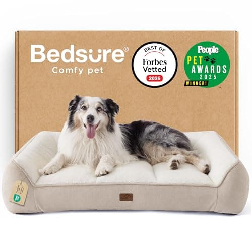 Image of Bedsure XL Orthopedic Dog Beds Large - 106x76cm Extra Thick Supportive Dogs Sofa with Waterproof Washable Cover, Extra Large Pet Bed Sofa with Soft Plush Sherpa and Nonskid Bottom, Cream