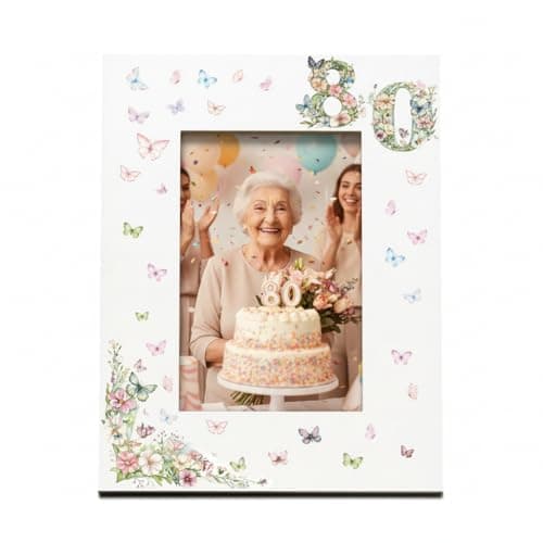 Image of 80th Birthday Photo Frame for Her, White with Butterflies and Flowers, 6x4 Inch, Wall Hanging or Desktop Display (Portrait)