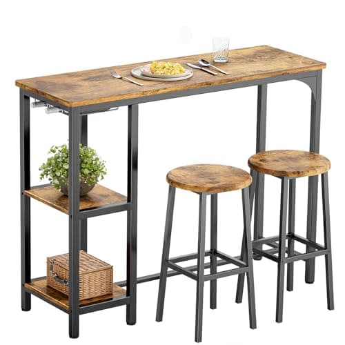 Image of Bealife Bar Table and Stools Set of 2, Pub Table Set with 2 Shelves and Glass Holder, Kitchen Bar Table Set for Kitchen, Living Room, Dining Room (Retro)