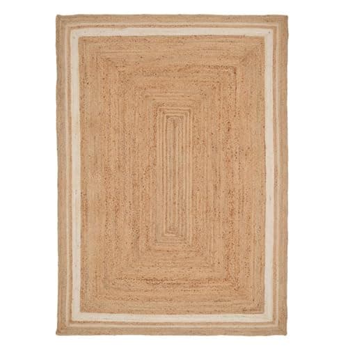 Image of Handwoven Jute Rug Braided Natural Beige White Border Rustic Rectangular Eco-Friendly Sustainable Rugs for Living Room Mat, Entrances Medium 120cm x 170cm