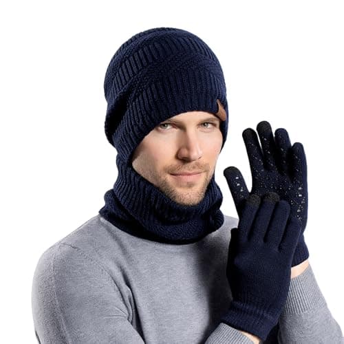 Image of Men's Winter 3-Piece Set - Beanie Hat, Scarf & Touchscreen Gloves - Warm, Soft & Stylish Knit Winter Accessories (Dark Blue, ONE SIZE)