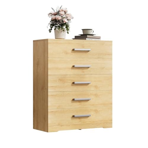 Image of WLIVE Chest of Drawers with 5 Drawers, Metal Handles and Runners, Modern Storage Drawers for Bedroom, Kids Room, Closet, Oak