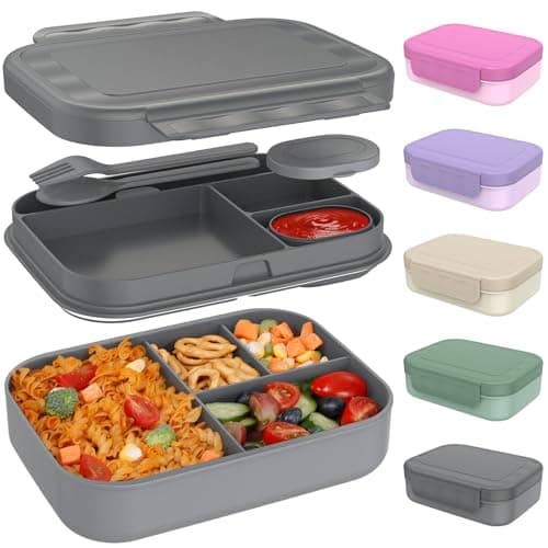 Image of Caperci Stackable Bento Lunch Box for Adult & Teens - Reinforced Leak-Proof Lunch Container 4-Compartment with Utensils & Sauce Container, BPA-Free, Dishwasher/Microwave Safe, 47oz (Dark Gray)