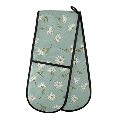 Image of Oven Gloves Double Oven Gloves White Daisy Flower Green Oven Mitts Pot Holder Heat Resistant Quilted for BBQ Baking Kitchen Cooking Gloves