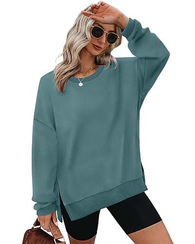 Image of Aokosor Jumpers for Women uk Ladies Sweatshirts Crewneck Long Sleeve Tops Side Split Pine Green Size 18-20